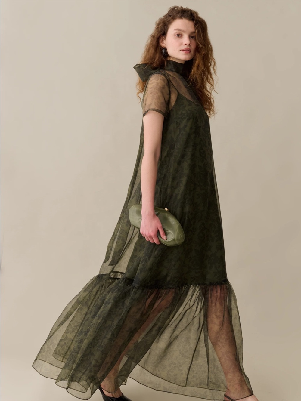 NWT CAARA Melody Olive Floral Organza Elegant Dress Size Large